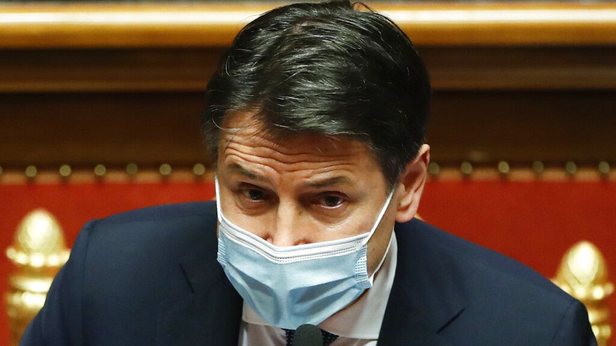 Italian Prime Minister Giuseppe Conte speaks during his final address at the Senate prior to a confidence vote, in Rome, Tuesday, Jan. 19, 2021
