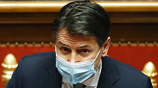 Italian Prime Minister Giuseppe Conte speaks during his final address at the Senate prior to a confidence vote, in Rome, Tuesday, Jan. 19, 2021