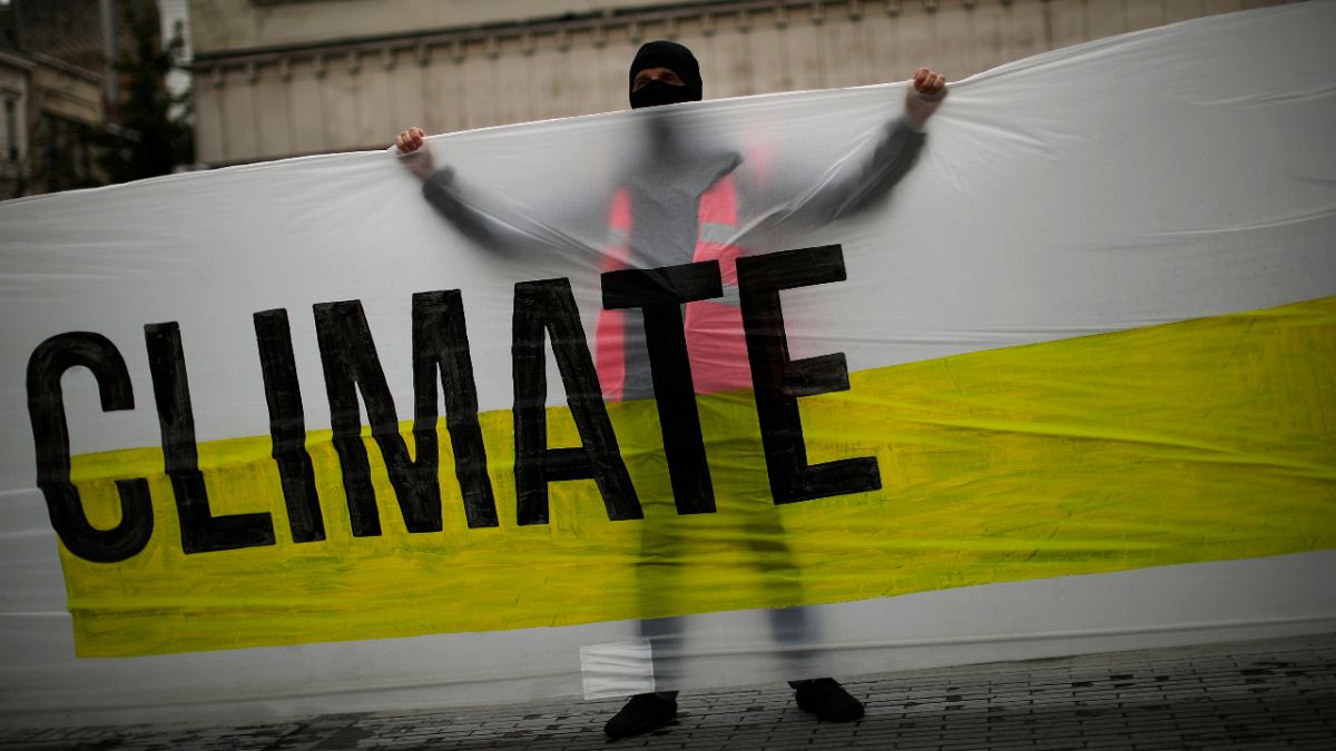متظاهر يطالب بمكافحة السياسات التي تؤدي إلى التغير المناخي