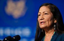 Rep. Deb Haaland speaks at The Queen Theater in Wilmington on the 19th December, 2020.