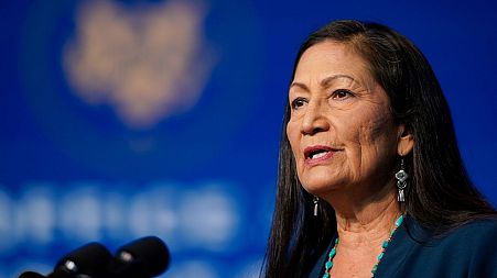 Rep. Deb Haaland speaks at The Queen Theater in Wilmington on the 19th December, 2020.