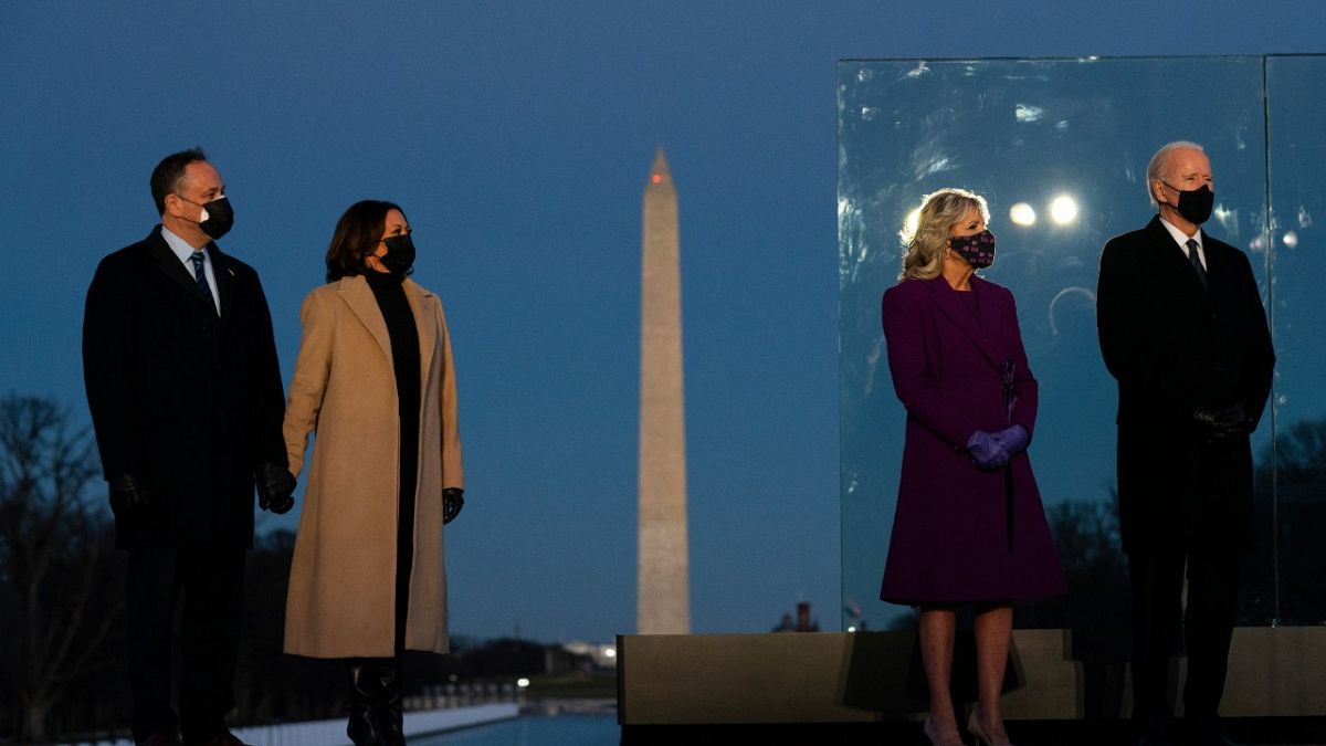 President-elect Joe Biden and his wife Jill with Vice President-elect Kamala Harris and her husband Doug Emhoff at the Lincoln Memorial, Washington DC, January 19, 2021. 