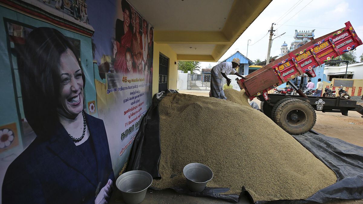 هنود يقدمون الأرز بجوار لافتة تعرض صورة نائبة الرئيس الأمريكي المنتخب كامالا هاريس في ثولاسيندرابورام، مسقط رأس جدها من أمها في جنوب تشيناي