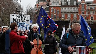An anti-Brexit protest by musicians and supporters near the Houses of Parliament in London, January 10, 2019.
