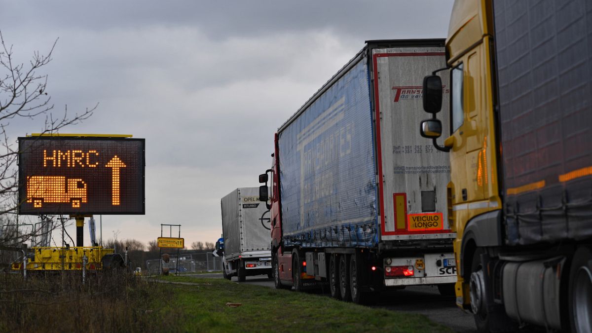 Freight trucks queue to enter the Waterbrook Park facility in Ashford, south east England on January 15, 2021, as hauliers get used to life under the post-Brexit trade deal. 