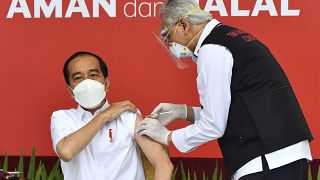 El presidente de Indonesia, Joko Widodo, recibe la vacuna de la covid-19 en el Palacio de Merdeka donde se puede leer una pancarta que dice "Segura y halal".