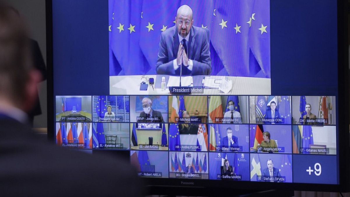 European Council President Charles Michel chairs a video conference meeting ocused on the Covid-19 