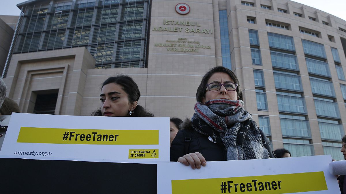FILE: Human rights activists stage a protest outside a court in Istanbul, Wednesday, Jan. 31, 2018.