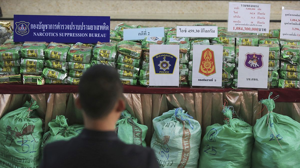 Packages of methamphetamines on a table at Narcotics Suppression Bureau Bangkok, Thailand, Monday, July 15, 2019. 