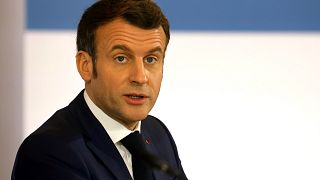 French President Emmanuel Macron at The Elysee Palace, in Paris, Monday Jan. 11, 2021. 