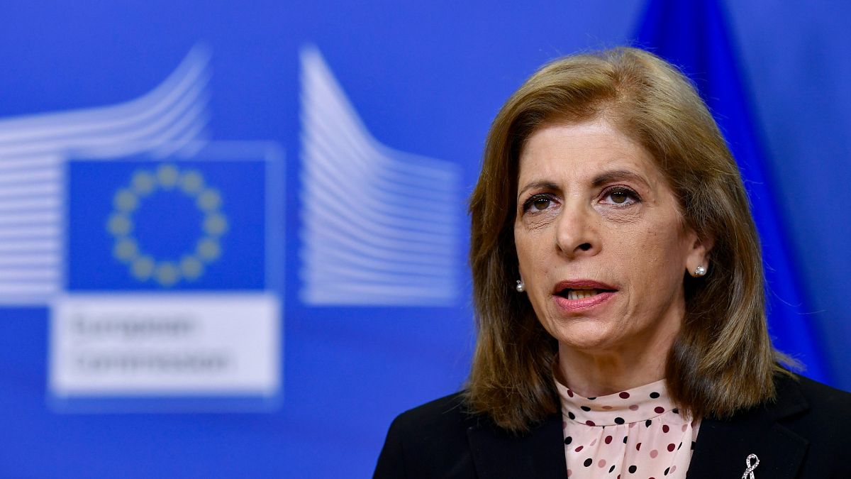 European Commissioner in charge of Health Stella Kyriakides gives a statement at the European Commission headquarters in Brussels, Jan. 25, 2021. 
