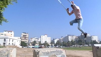 Handicapped youths in Palestine practice parkour