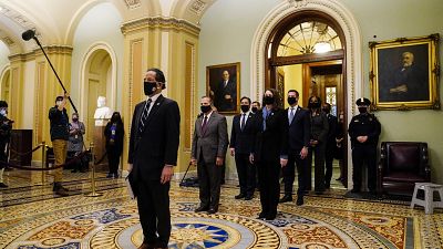 Délégation des élus démocrates de la Chambre des représentants après avoir transmis au Sénat l'acte d'accusation de Donald Trump, le 25 janvier à Washington.