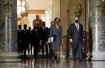 Clerk of the House Cheryl Johnson walk through Statuary Hall in the Capitol, to deliver to the Senate the article of impeachment against Donald Trump,