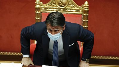 Ο πρωθυπουργός της Ιταλίας Τζουζέπε Κόντε στις 21/01/2021 μετά την ομιλία του στην Γερουσία ενόψει της ψήφου εμπιστοσύνης