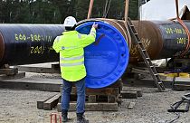 A man works at the construction site of the Nord Stream 2 gas pipeline in Lubmin, northeastern Germany
