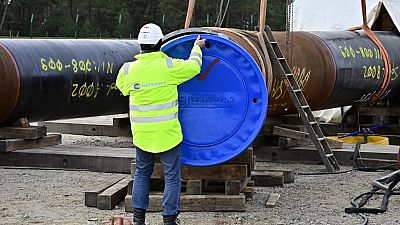 A man works at the construction site of the Nord Stream 2 gas pipeline in Lubmin, northeastern Germany
