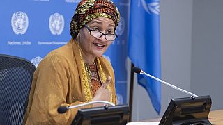 UN Deputy Secretary-General Amina Mohammed holding a press conference