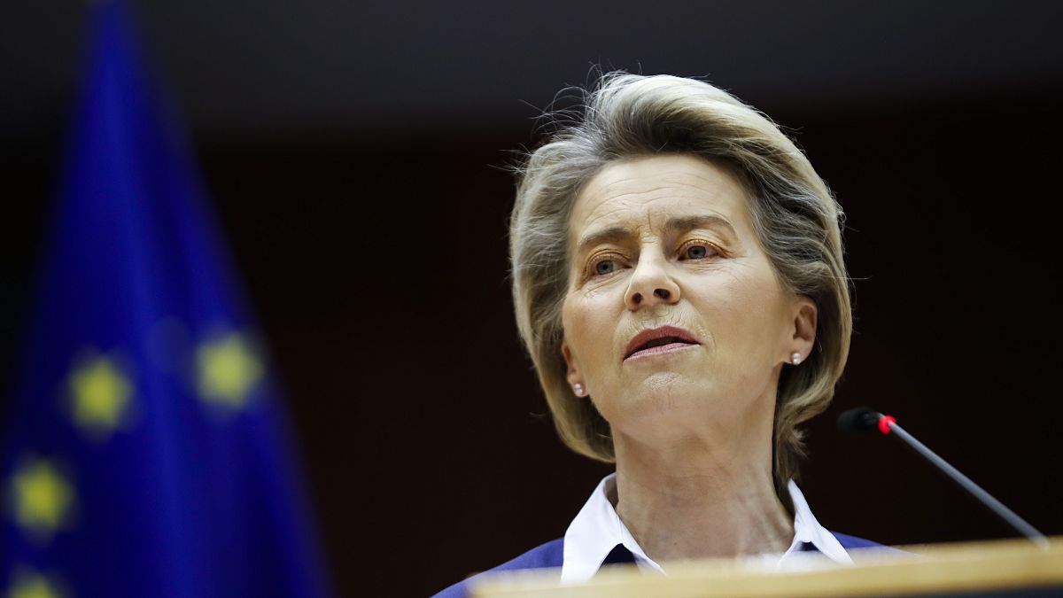 European Commission President Ursula Von Der Leyen at the European Parliament in Brussels, Wednesday, Jan. 20, 2021.
