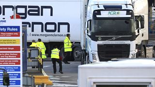 Customs officials check vehicles at the P&O ferry terminal in the port at Larne on the north coast of Northern Ireland, Friday, Jan. 1, 2021.