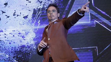 Robert Downey Jr. poses during a Press Conference to promote his "Avengers Endgame" in Seoul, South Korea, 2019.