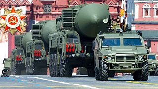In this file photo taken on June 24, 2020, Russian RS-24 Yars ballistic missiles roll in Red Square, Moscow, during the Victory Day parade marking 75 years since Nazi defeat.
