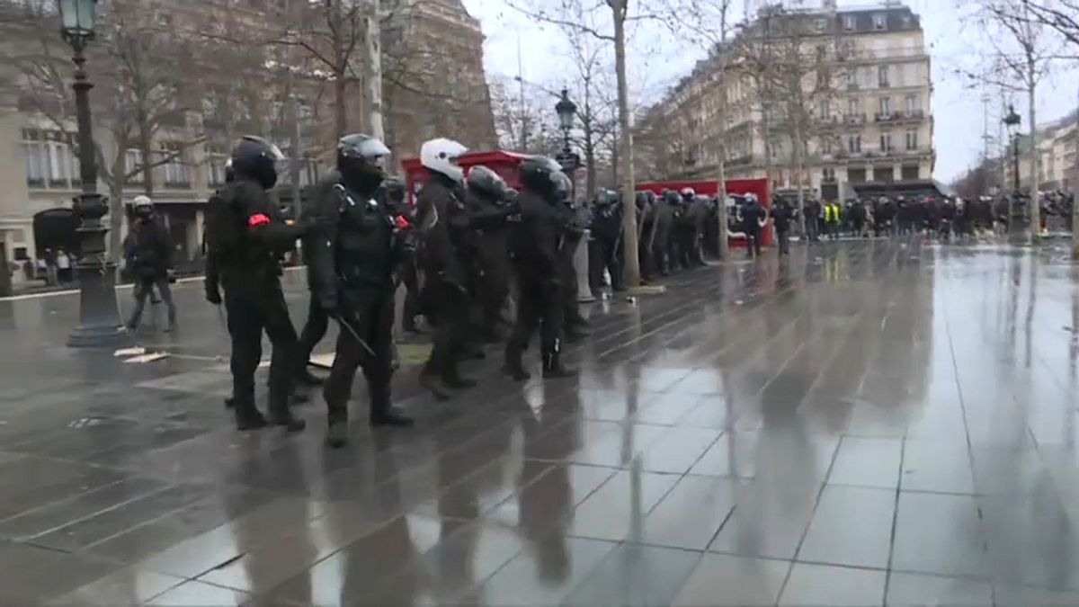 Police officers seen in Paris as demonstrators gathered to protest the global security law.