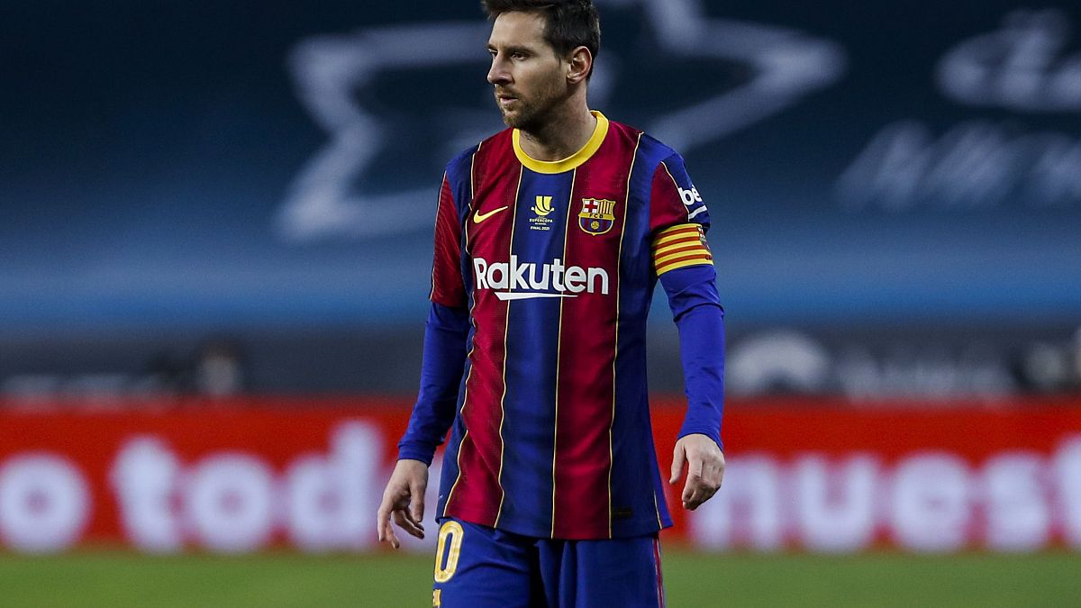 Barcelona's Lionel Messi during the Spanish Supercopa final soccer match between FC Barcelona and Athletic Bilbao at La Cartuja stadium in Seville, Spain. Jan. 17, 2021