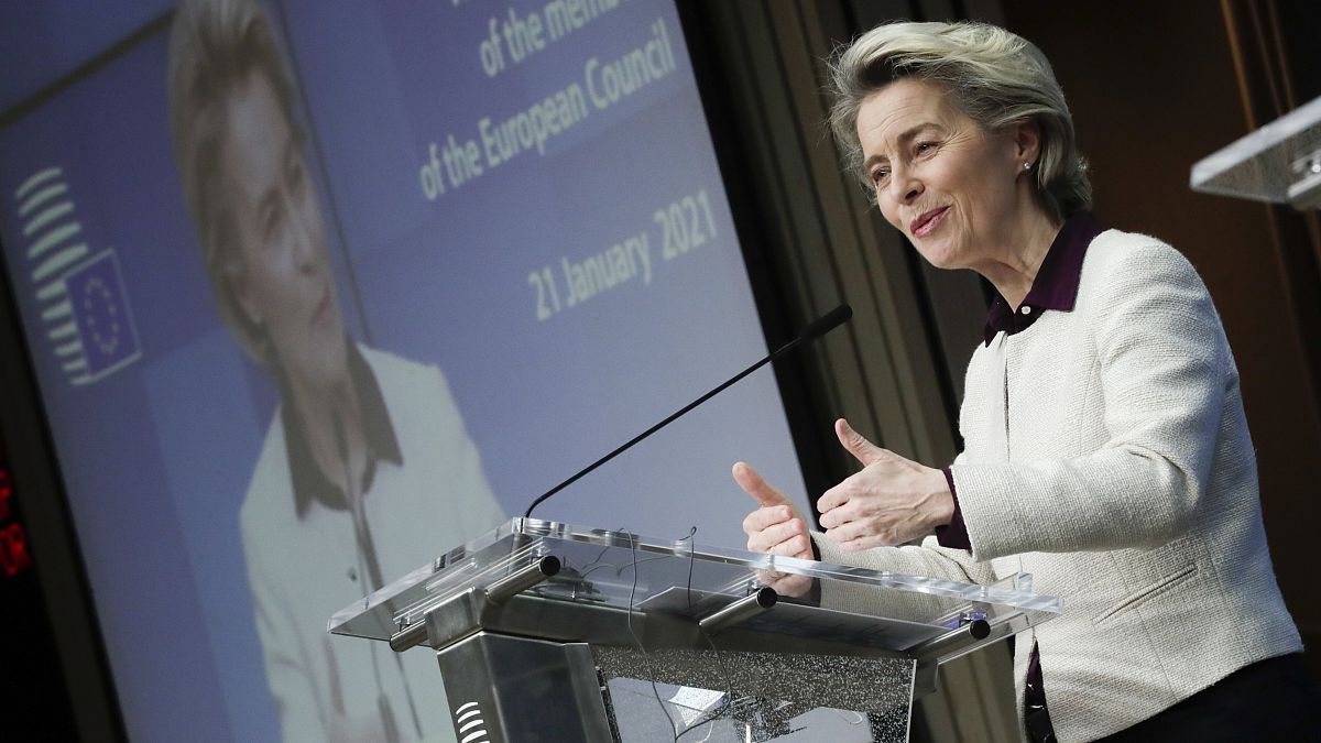 European Commission President Ursula von der Leyen speaks during a news conference at the European Council headquarters in Brussels, Thursday, Jan. 21, 2021. 