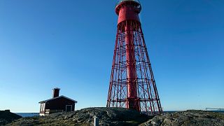 The lighthouse and cabin, which will act as a screening rooms, on the island of Hamneskar, western Sweden on Saturday, Jan. 30, 2021. 