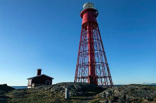 The lighthouse and cabin, which will act as a screening rooms, on the island of Hamneskar, western Sweden on Saturday, Jan. 30, 2021. 
