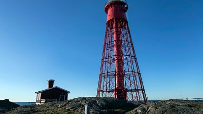 The lighthouse and cabin, which will act as a screening rooms, on the island of Hamneskar, western Sweden on Saturday, Jan. 30, 2021.