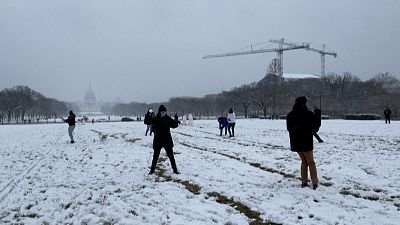  People partaking in a snowball fight, US Capitol in the background