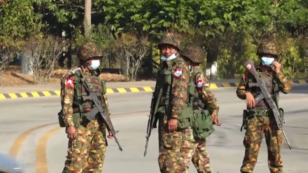 Myanmar soldiers at a checkpoint during the coup d'etat on 1st Feb 2021