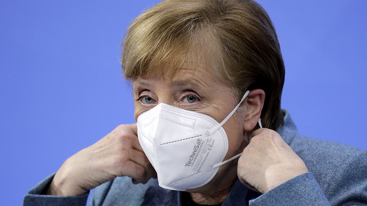 German Chancellor Angela Merkel at the start of a news conference after meeting with vaccine producers and Germany's state prime ministers. Berlin, Germany. Feb. 1, 2020.
