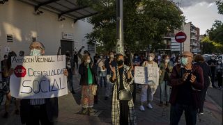 Protesters demand more resources for public health system and against social inequality in the southern neighbourhood of Vallecas, Madrid, Spain, Thursday, Sept. 24, 2020. 