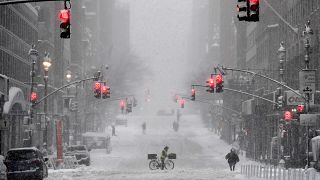 A snow-covered street in the midtown area of Manhattan, New York City