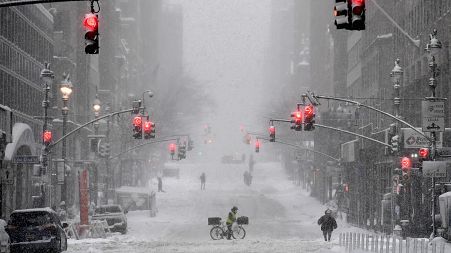 A snow-covered street in the midtown area of Manhattan, New York City