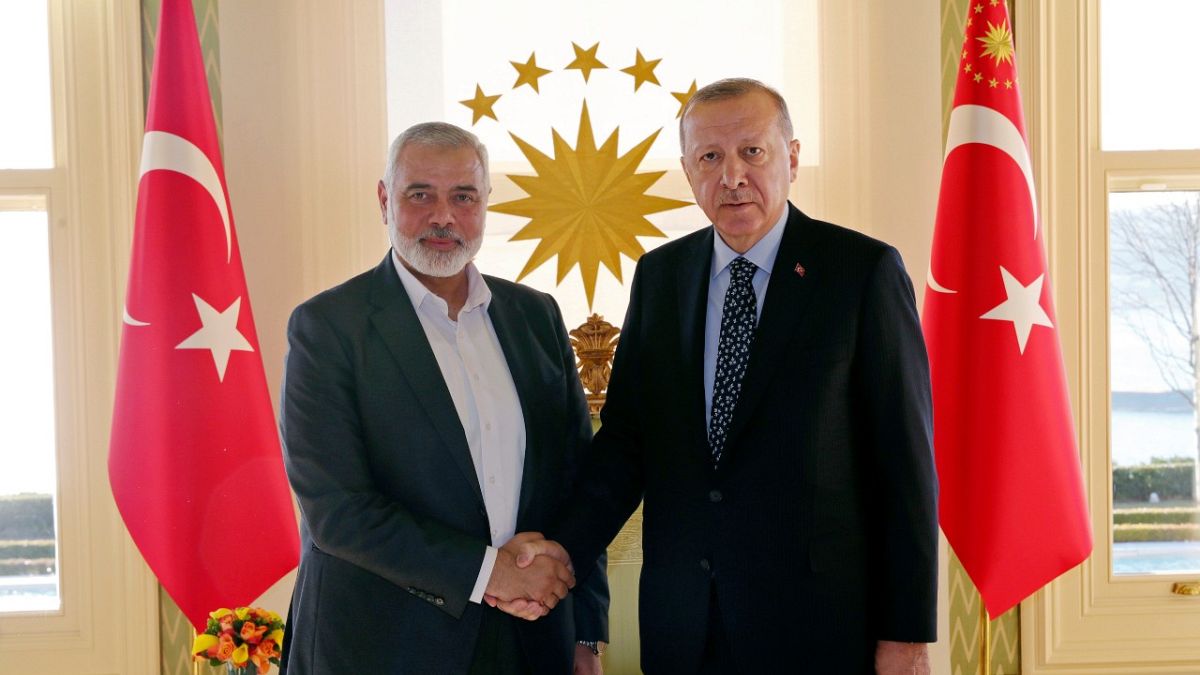 اسماعيل هنية رئيس المكتب السياسي لحركة حماس رفقة الرئيس التركي رجب طيب إردوغان، اسطنبول، فبراير 2020