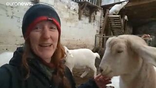 Farmer Dot McCarthy and her goats at Cronkshaw Fold Farm, Lancashire, England.