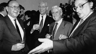 German Foreign Minister Hans Dietrich Genscher with his counterparts Hans Van Den Broek; Jacques Poos and Gianni De Michelis after signing the Maastricht Treaty on Feb 7 1992.