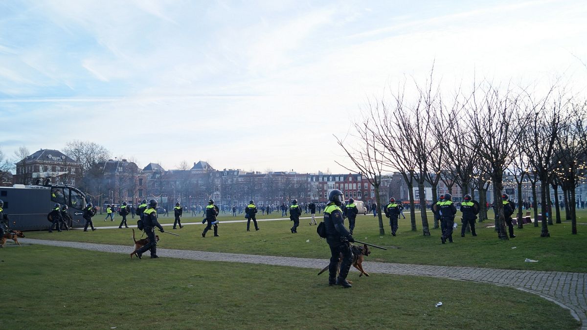 Police in action against protesters on Museumplein in Amsterdam.