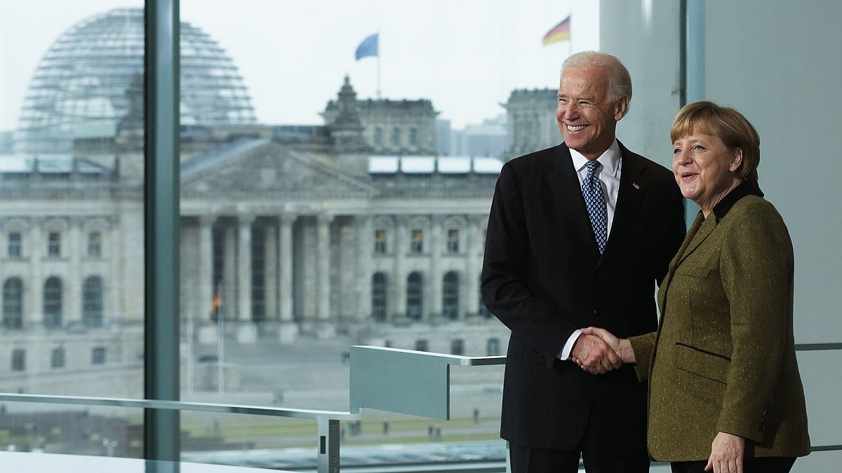 German Chancellor Angela Merkel, right, and then Vice President Joe Biden in Germany. Friday, Feb. 1, 2013. 