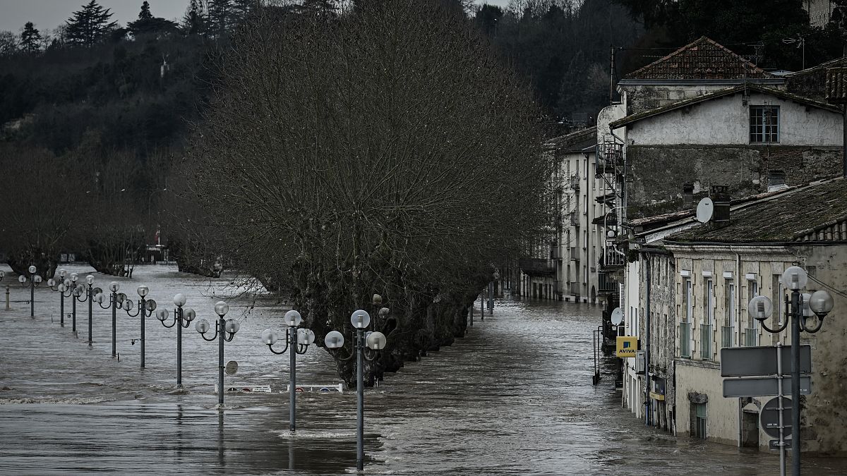 flooded houses and streets in La Reole, some 75kms east of Bordeaux, on February 4, 2021, after the River Garonne overflowed its banks following recent heavy rainfall.