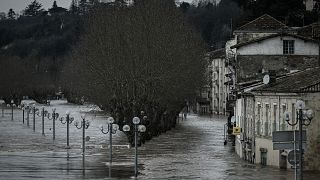 flooded houses and streets in La Reole, some 75kms east of Bordeaux, on February 4, 2021, after the River Garonne overflowed its banks following recent heavy rainfall.