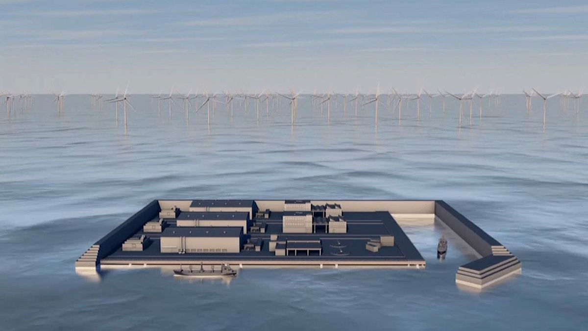 Animation showing an illustration of what the future wind farm island will look like.