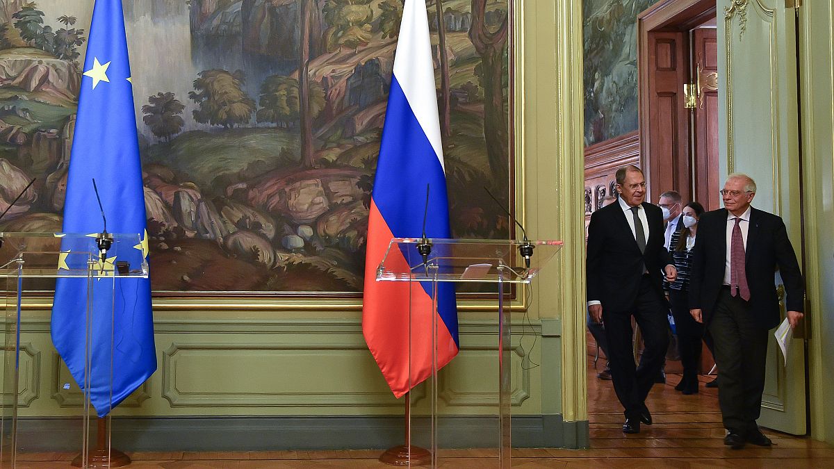 Sergei Lavrov, Russian Foreign Minister and Josep Borrell Fontelles arrive at the podium to give a joint press conference