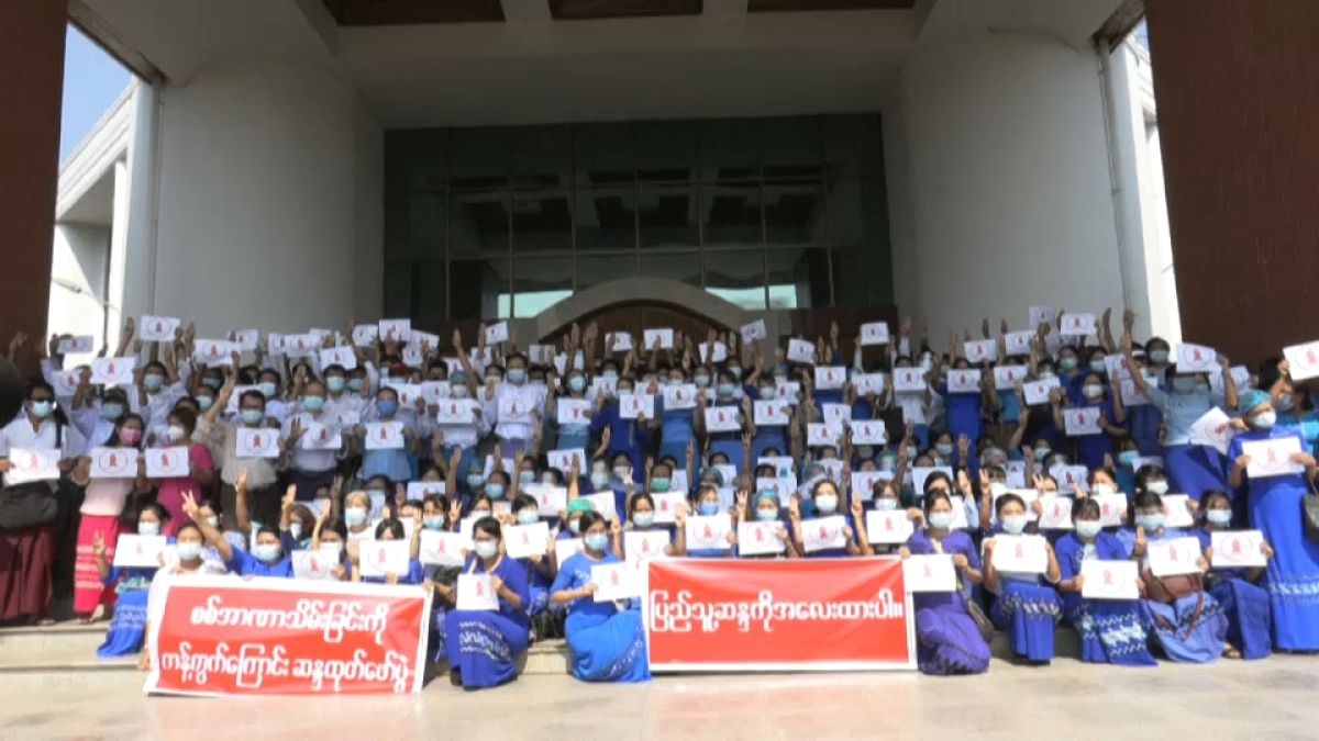 Students and teachers protest in Yangon