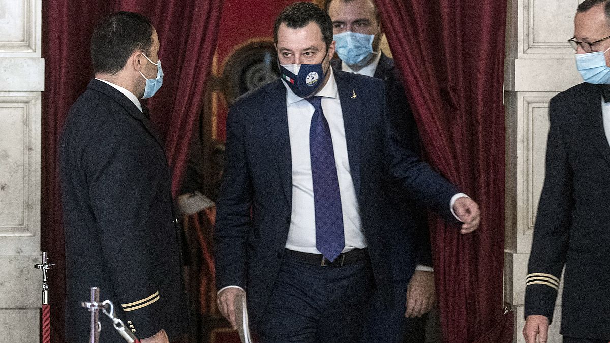 The League's Matteo Salvini, centre, arrives to address the media after meeting with Mario Draghi, at the Chamber of Deputies in Rome, Saturday, Feb. 6, 2021.