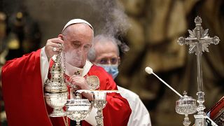 Pope Francis celebrates a mass for the cardinals and bishops who have died over the course of the year at St. Peter's Basilica in the Vatican on November 5, 2020. 